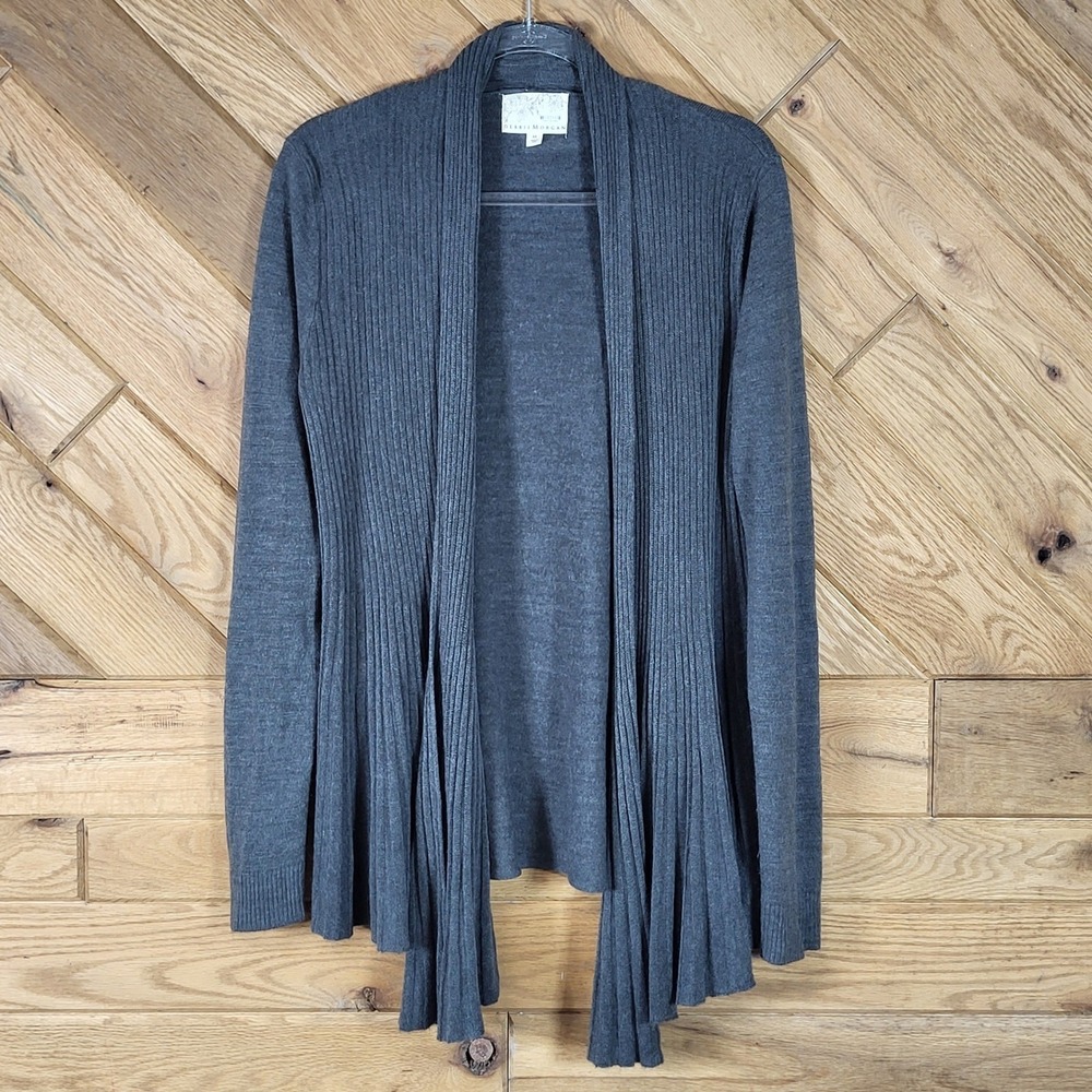 Debbie Morgan Cardigan Women Medium Open Front Ribbed Waterfall Charcoal Grey